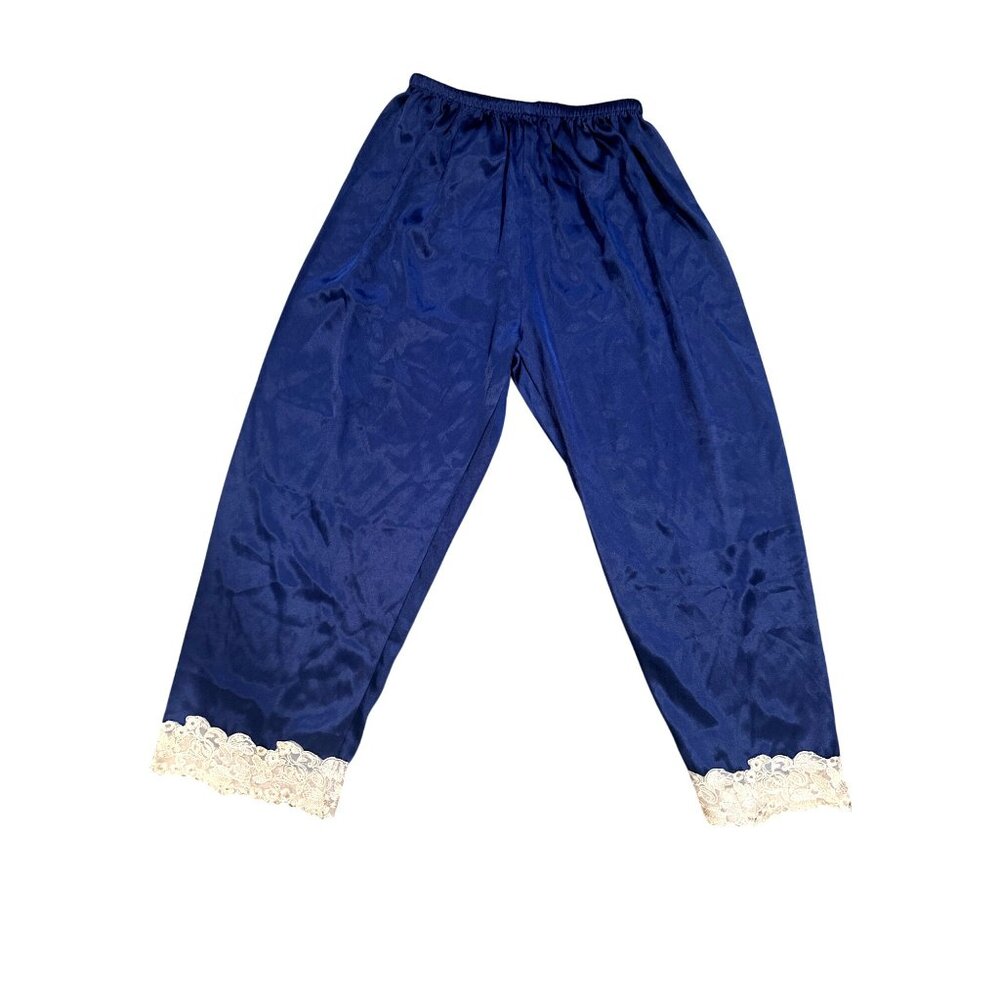 CCC Vintage Blue Satin Pajama Pants Delicate Floral Lace Trim Sleepwear Size SM